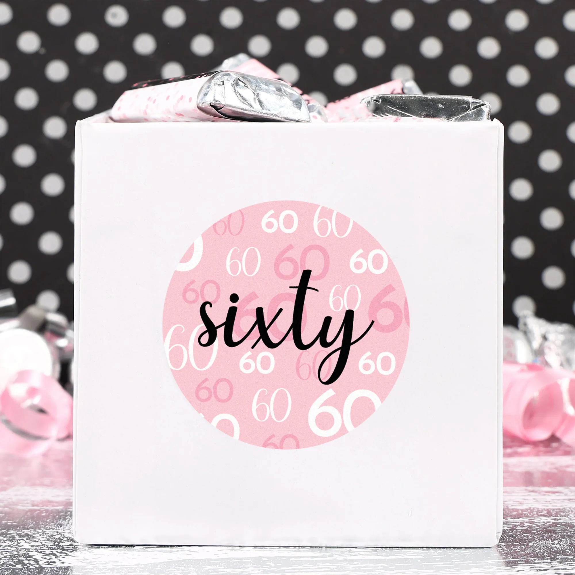 60th Birthday: Pink and Black - Adult Birthday - Round Favor Stickers - 40 Stickers