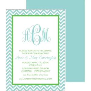 Aqua & Green Chevron Monogram First Communion   Baptism Invitation