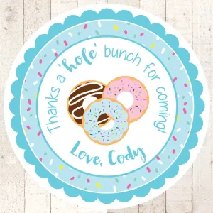 Donut Birthday Stickers, Sprinkle Party, Thank You Stickers, Boy Donut Birthday Decorations, Pajama Party, Sprinkle Baby Shower - Set of 24