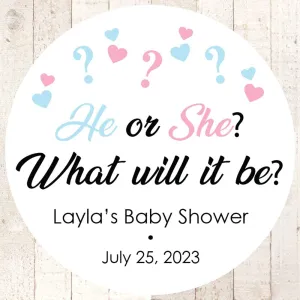 Gender Reveal Baby Shower Favor Stickers, He or She What Will It Be Personalized Stickers Pink & Blue Baby Shower - Set of 24 Stickers