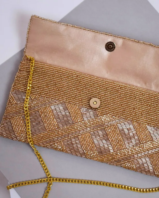 Gold Criss Cross Beaded Clutch