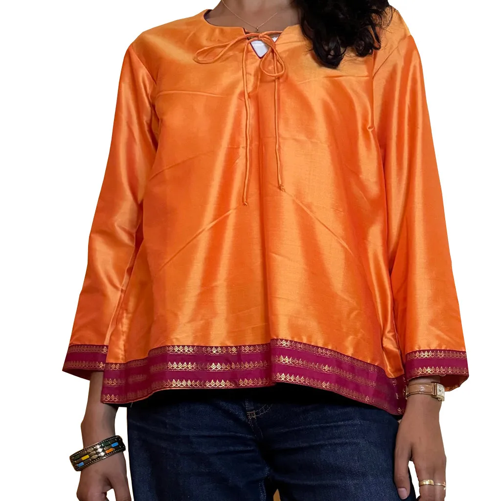 Narangi Sparkler- Silk Sari Fabric Kurta Top