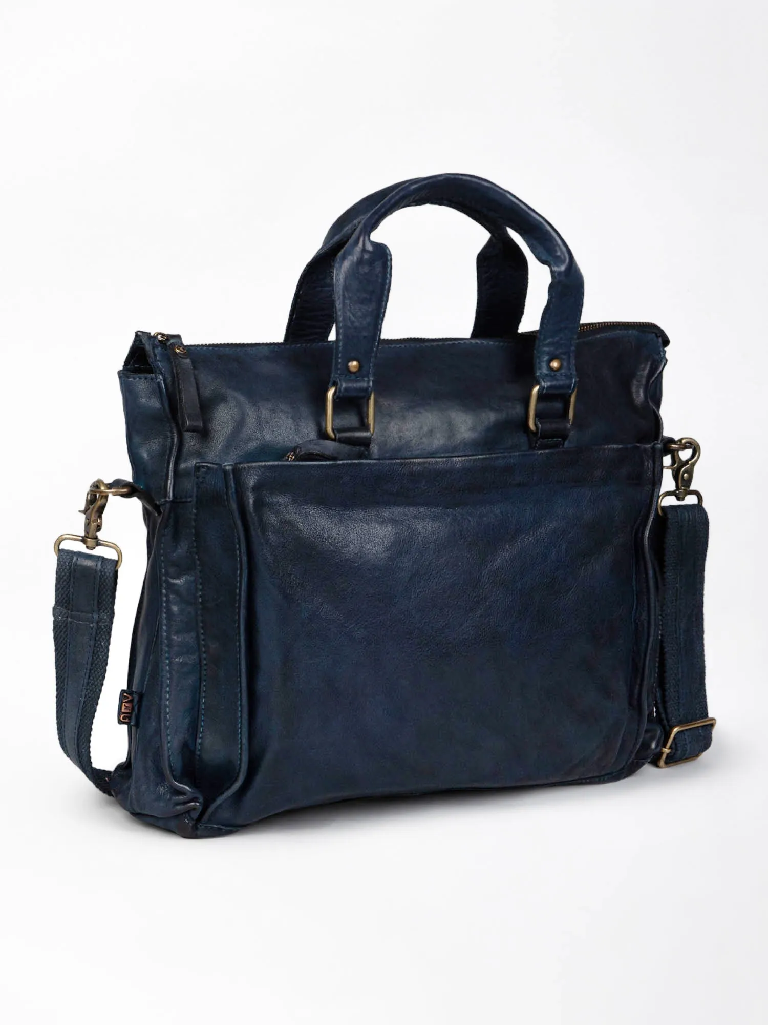 Navy Blue Leather Laptop Bag By Art N Vintage