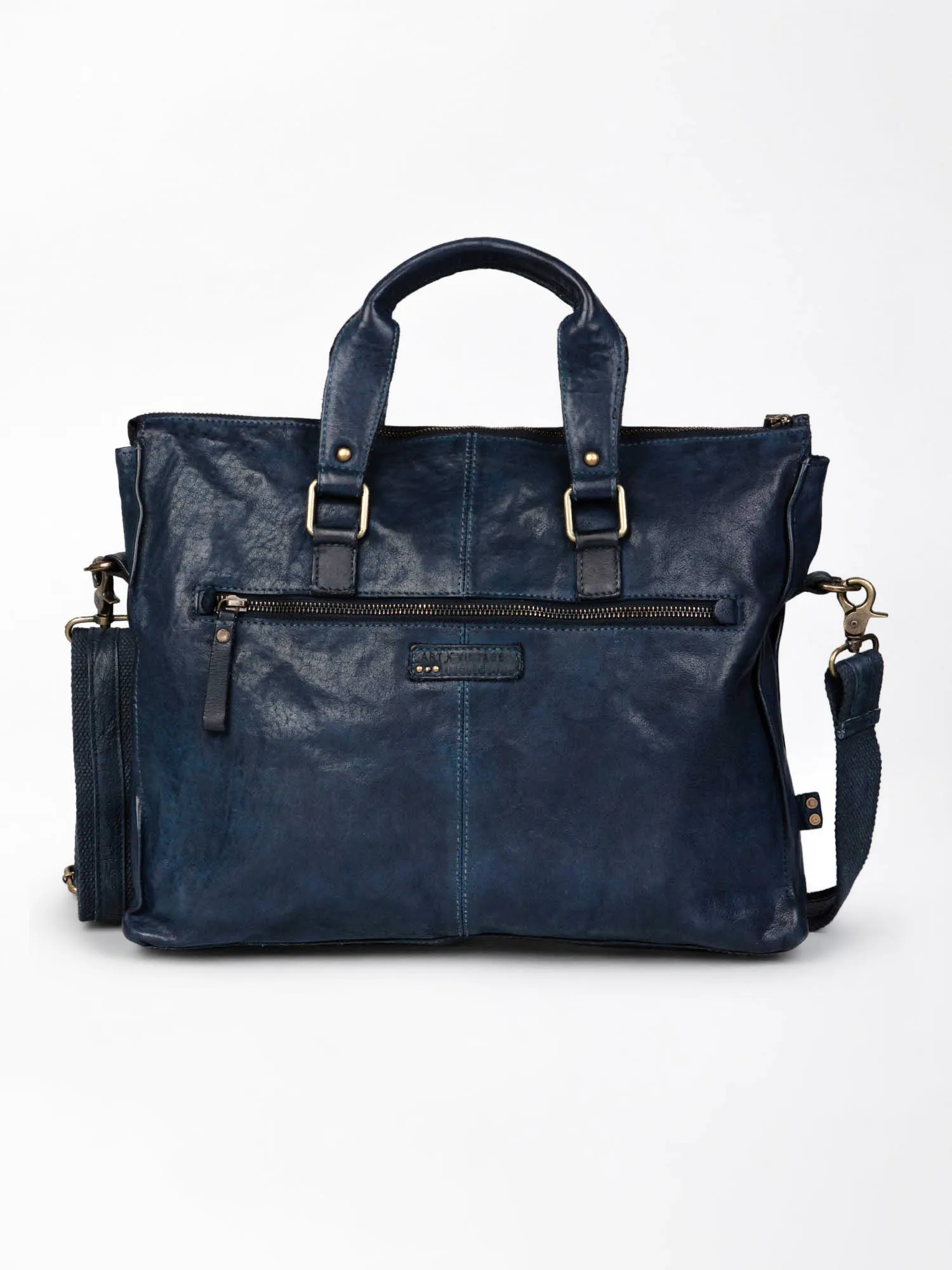 Navy Blue Leather Laptop Bag By Art N Vintage