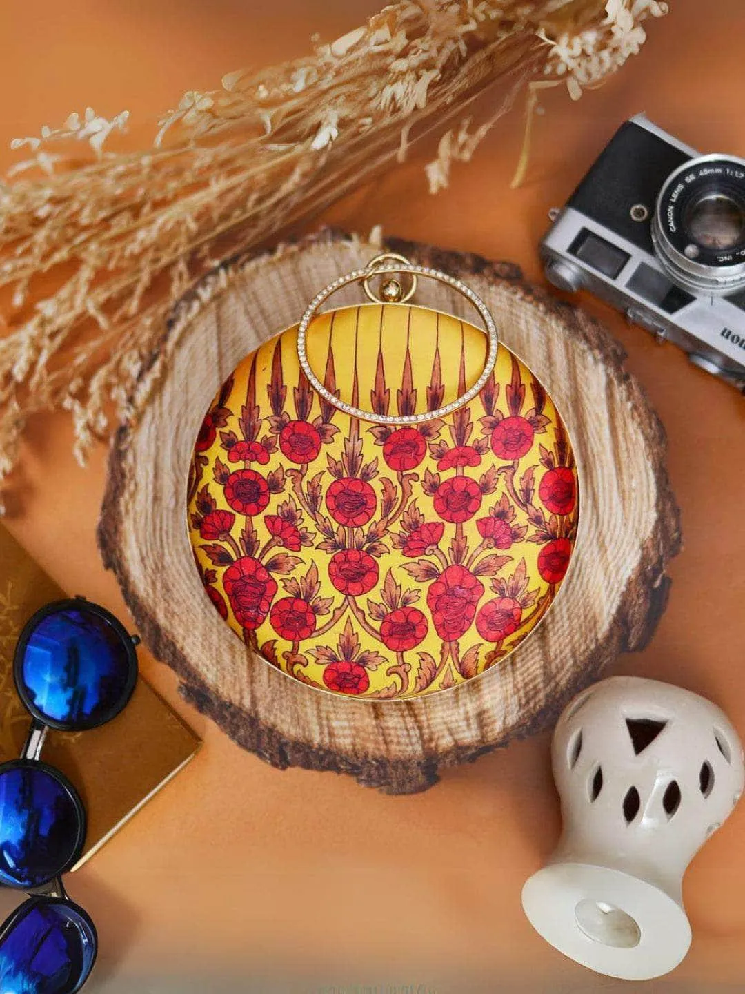 Yellow Background Floral Printed Round Clutch